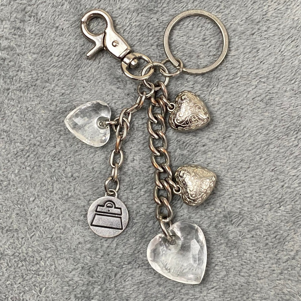 Kathy Van Zeeland Womens Keychain Silver Heart Charms Clear Crystals